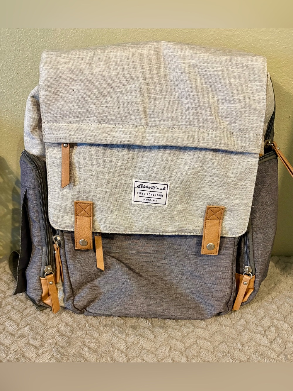 Eddie Bauer Light Gray Canvas Backpack with Tan Accents
